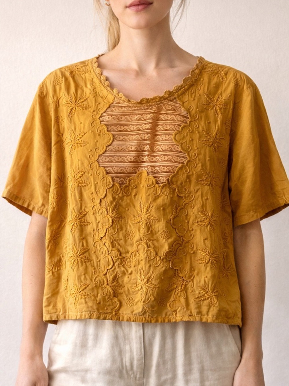 Louise Misha Embroidered Boho Cotton Blouse Mustard Lace Inset EU 40